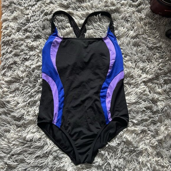 Lands End Black Blue Womens One Piece Size 10 Swimsuit Bathing Suit Summer - Picture 1 of 7